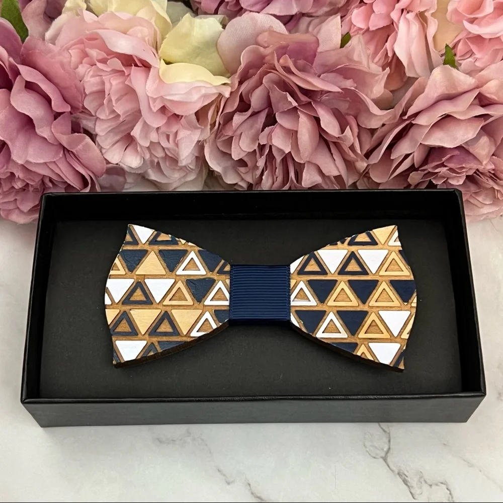 Hand Crafted Blue and White Geometric Wood Butterfly Bow Tie - Picture 3 of 16